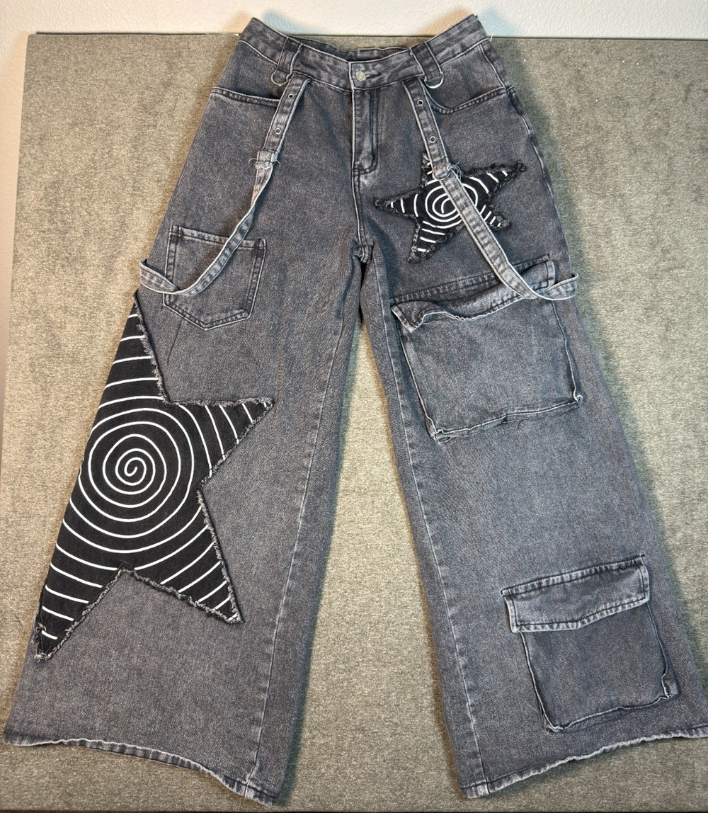 Romwe M Gray Wide Leg Cargo Jeans Star Patch Grunge Streetwear 90s Y2K Punk